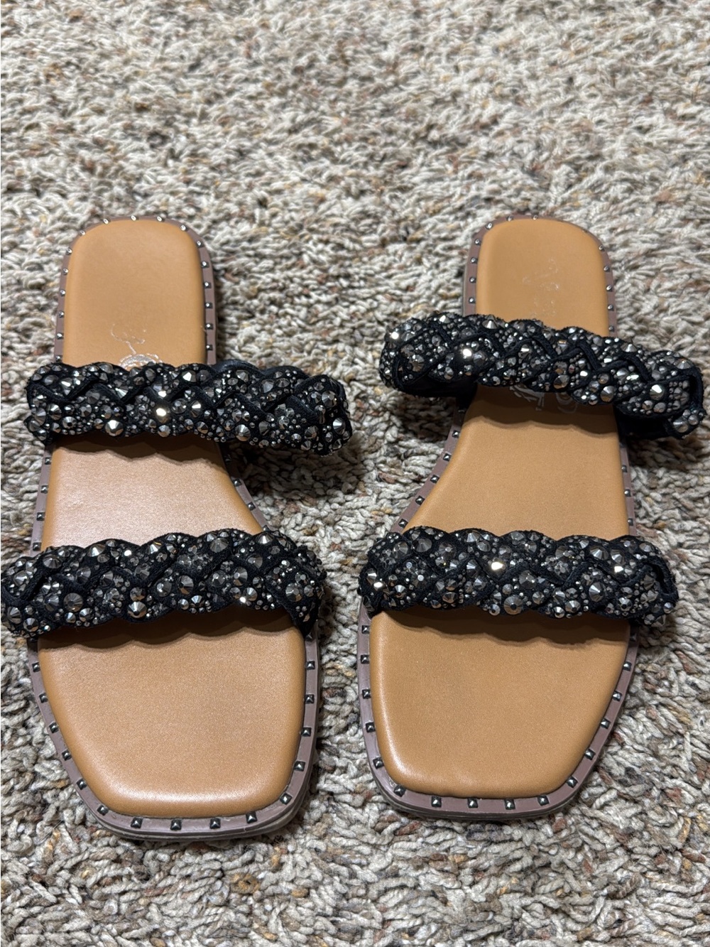 Very G Black Beaded Braided Double-Strap Slide Sandals